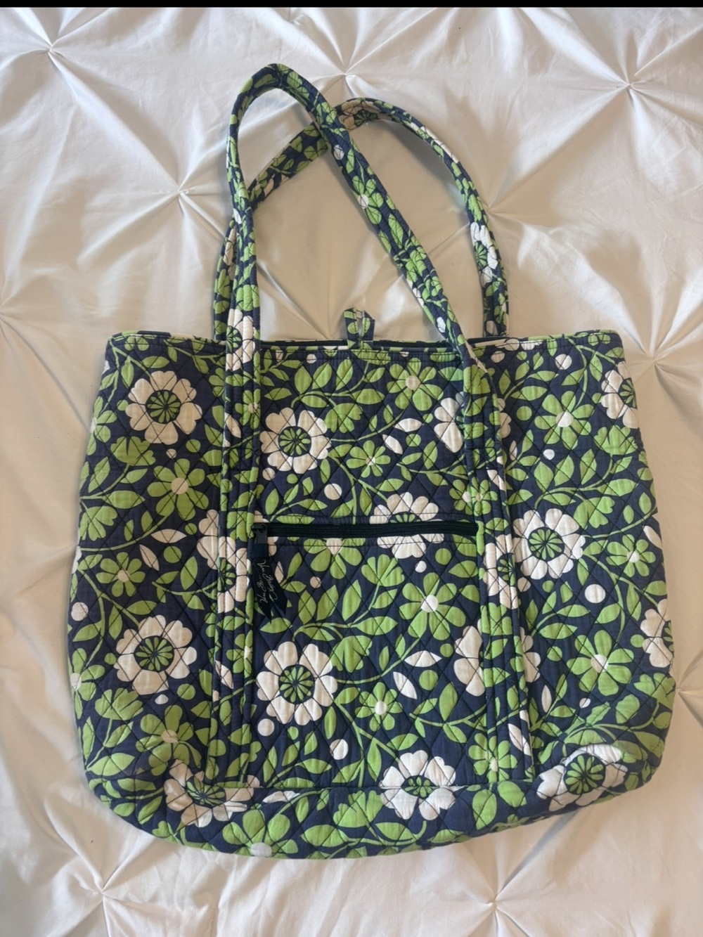 Vera Bradley Navy Quilted Floral Tote with Green & White Accents